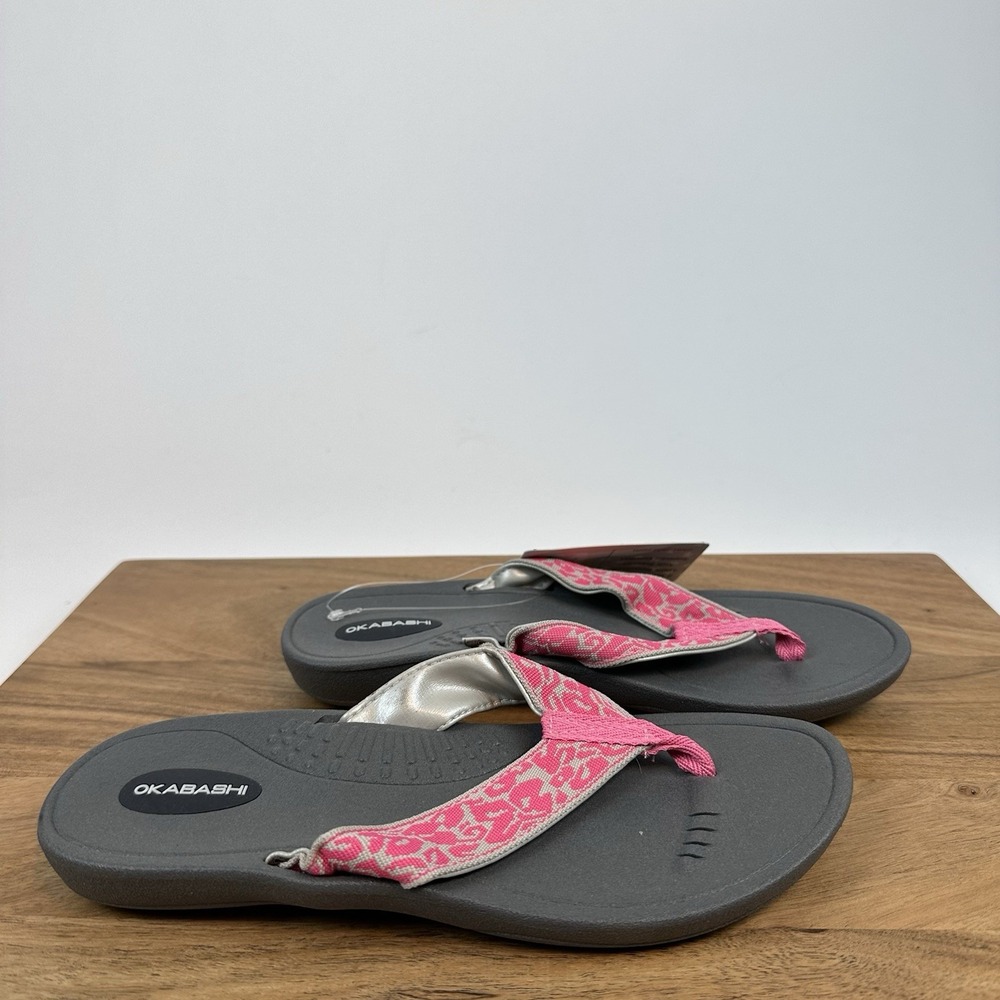 New NWT Womens Okabashi Indigo Slate Gray Pink Floral Flip Flops Size 6.5 - 7.5